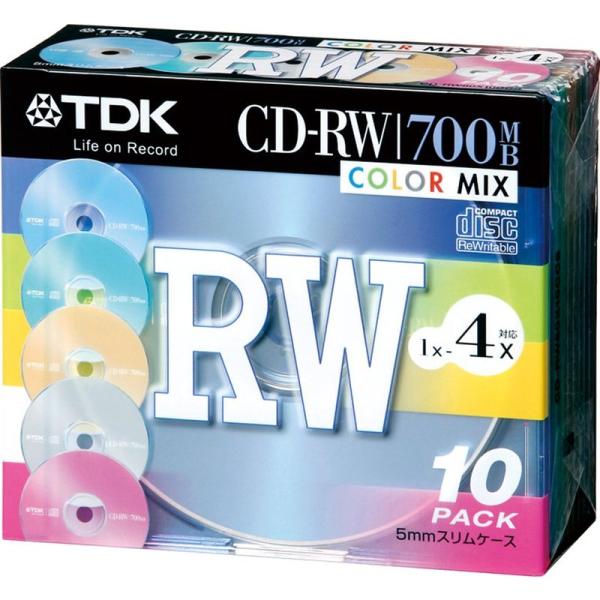 TDK CD-RWデータ用700MB 4倍速カラーミックス 5mm厚ケース入り10枚パック CD-R...