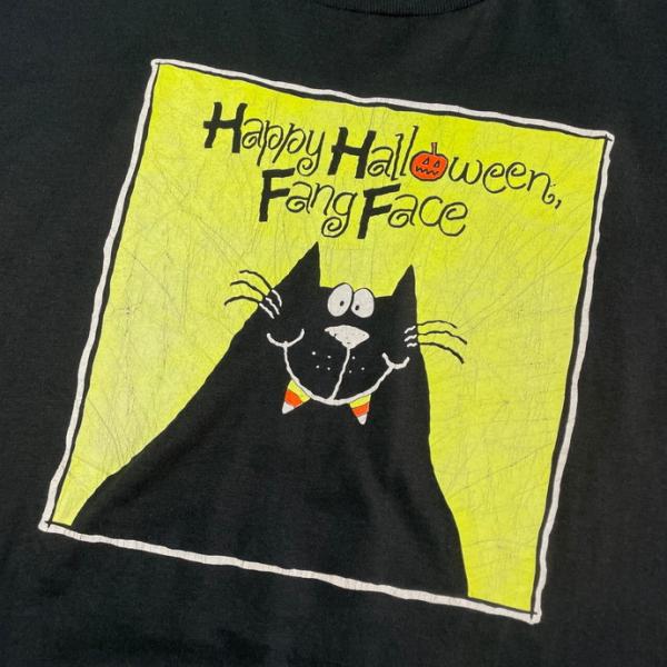 80年代 Happy Halloween Fang Face 黒猫 キャラクター プリントTシャツ ...