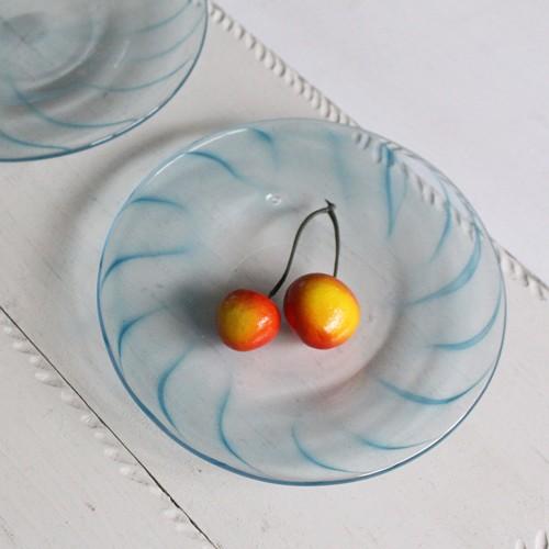 ガラス小皿 丸皿 14cm 青ライン tonari 吹きガラス 手作り ガラス食器