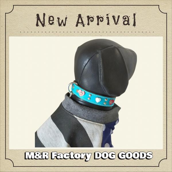 幅広い犬種に人気・M&amp;R Factory（新）ターコイズブルー・革製シロ・ハートスタッズ首輪2500...