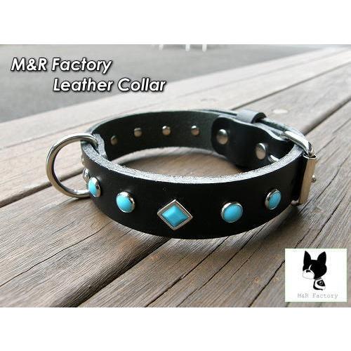 ブヒ系首輪・ターコイズスタッズ　M&amp;R Factory　オリジナルヌメ革製首輪mr0053　ボストン...