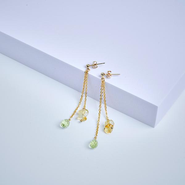 ピアス シトリン レモンクォーツ ピアス チェーン しずく ドロップ さざれ ダブル 揺れる