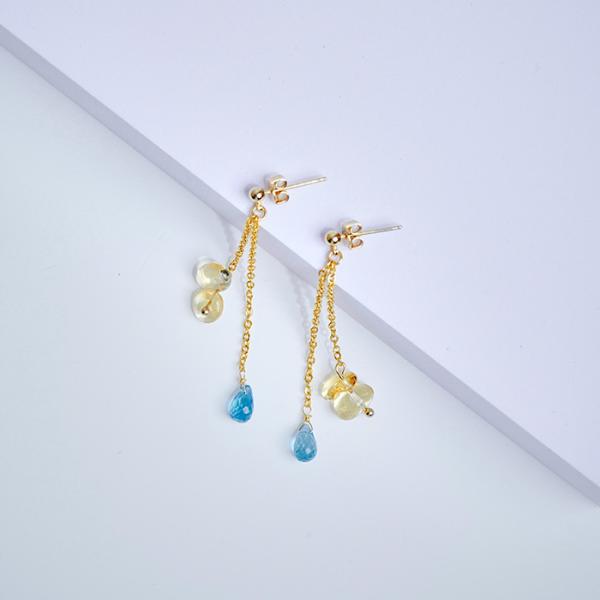 ピアス シトリン トパーズ チェーン しずく ドロップ さざれ ダブル 揺れる