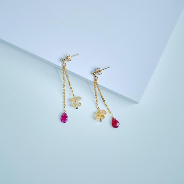 ピアス シトリン トルマリン チェーン しずく ドロップ さざれ ダブル 揺れる