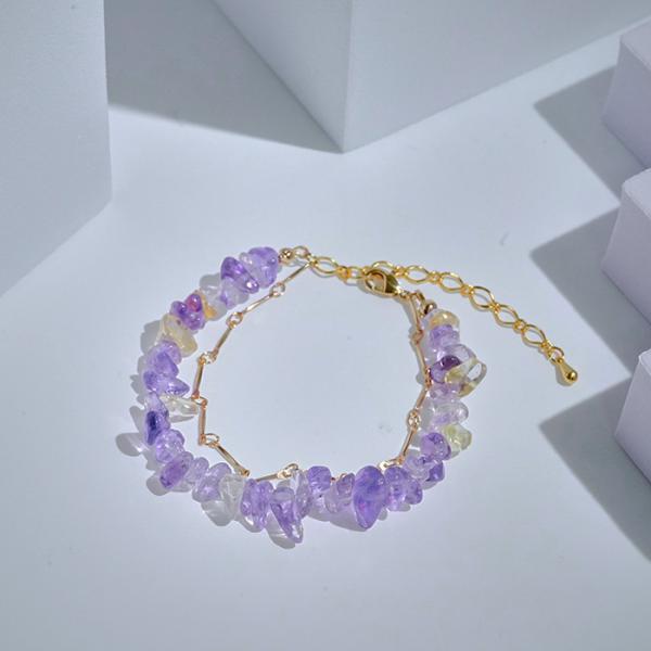 ブレスレット アメトリン 天然石 さざれ石 さざれ 2連 チェーン アクセサリー ゴールド カジュア...