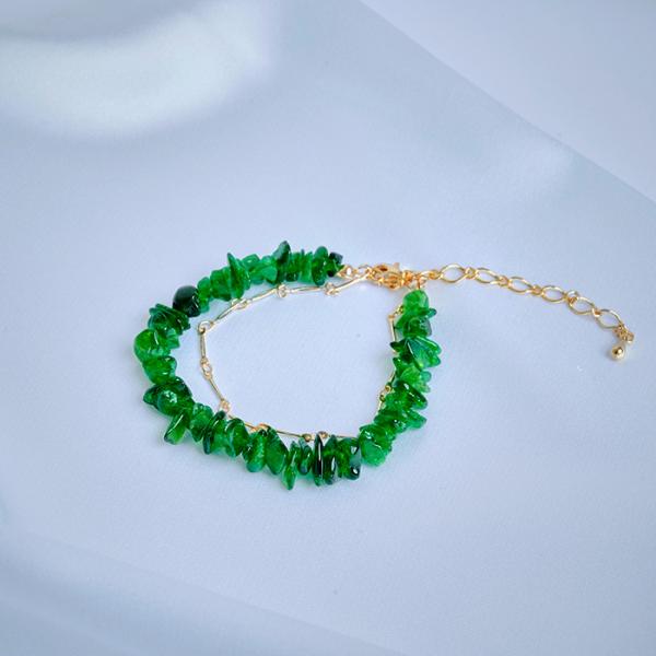 ブレスレット クロムダイオプサイト 天然石 さざれ石 さざれ 2連 チェーン アクセサリー ゴールド...