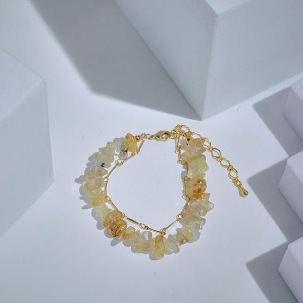 ブレスレット ルチルクォーツ 天然石 さざれ石 さざれ 2連 チェーン アクセサリー ゴールド カジ...