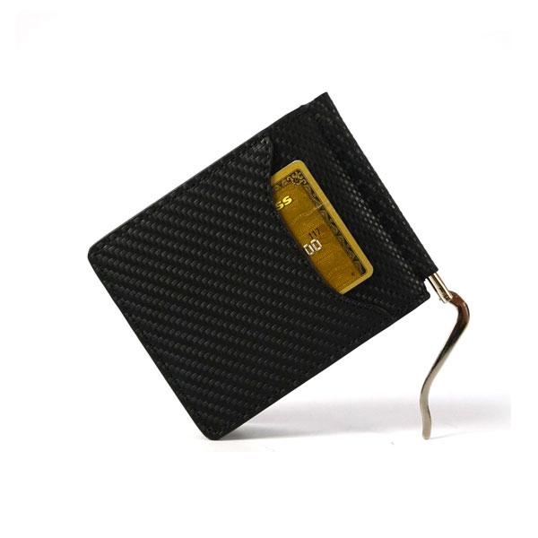 メンズマネークリップ オールブラック カーボンレザー 札挟み レザー 二つ折り財布 ブランドショート...