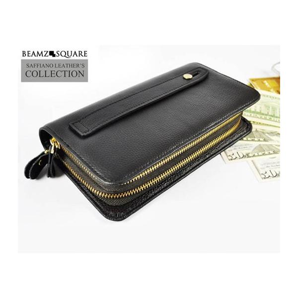 BEAMZSQUARE 長財布 ダブルラウンドファスナーウォレット メンズ ブラック 本牛革 セカン...