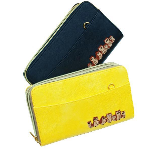 肩掛けストラップ付ふくろう長財布 幸運財布 長財布メンズ レディース PUレザー Wラウンドファスナ...