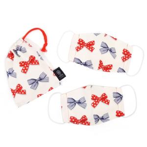 ゆうパケット配送 マスク2枚セット・巾着付き 銀イオン抗菌ガーゼ ポルカドットとストライプのフレンチリボン アイボリー ガーゼマスク 子供