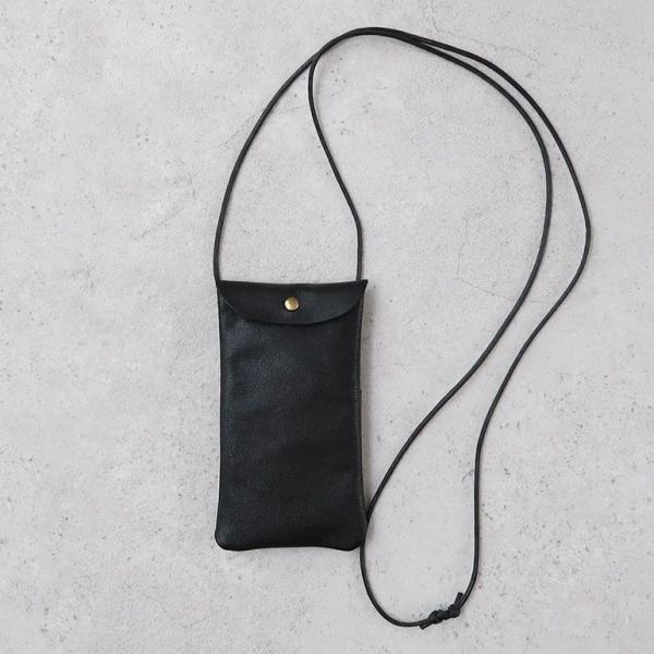 スマホポシェット スマホケース ポシェット モバイルホルダー ポーチ ブラック 山羊 革 斜め掛け ...