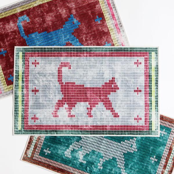 ラグ マット ネコ 猫 おしゃれ 小さめ 玄関 アズレージョ ヴィンテージ風 洗濯可 HERE ヒア...