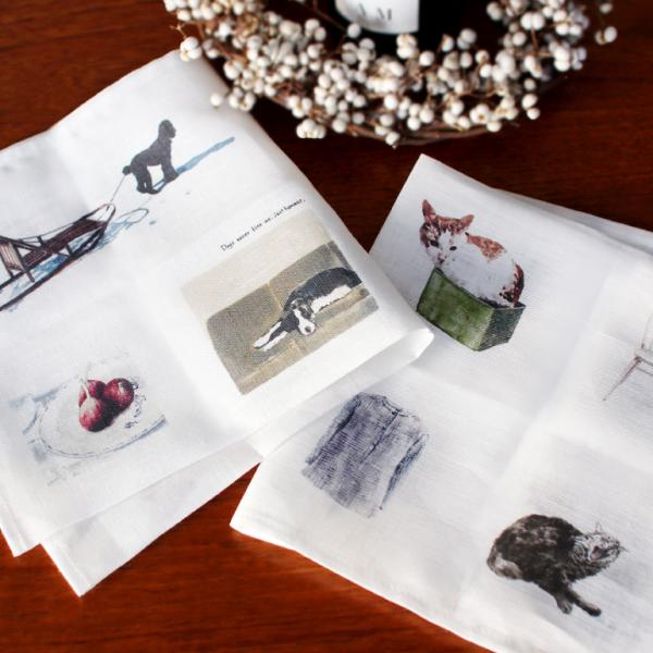 ハンカチ お弁当包み イヌ ネコ イラスト 絵柄 リネン 麻 45×45cm fog フォグ 猫との...