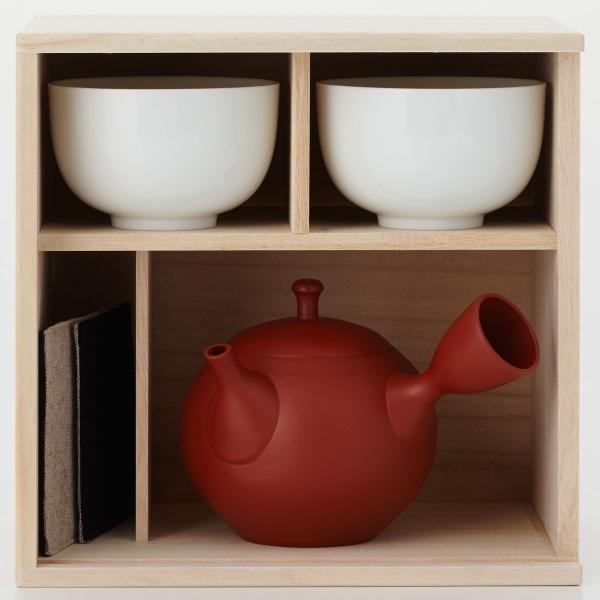 急須 WDH 急須と湯呑み2個セット ティーポット 急須セット 急須 丸形 常滑焼 梅原タツオ 朱