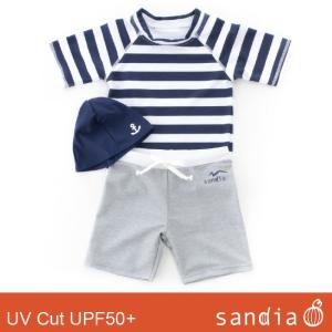子供水着 太ボーダー半袖ラッシュガードパンツセット