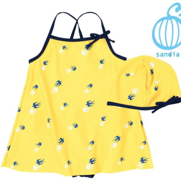 【Sandia サンディア つばめプリント 子供水着】水着 Aラインワンピース キャップセット 女の...