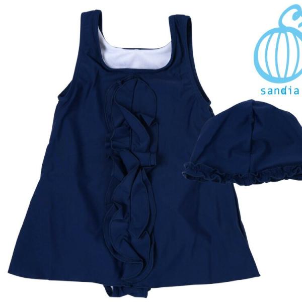 【Sandia サンディア センターフリル 子供水着】水着 Aラインワンピース キャップセット 女の...
