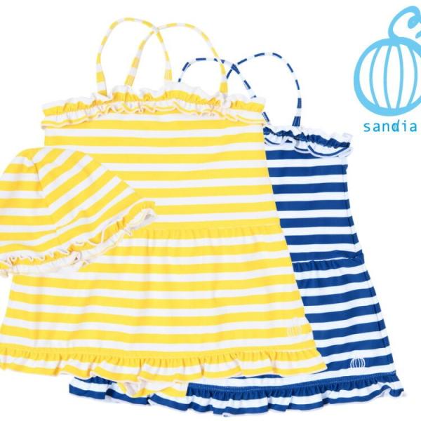 【Sandia サンディア フリルボーダー 子供水着】水着 Aラインワンピース キャップセット 女の...