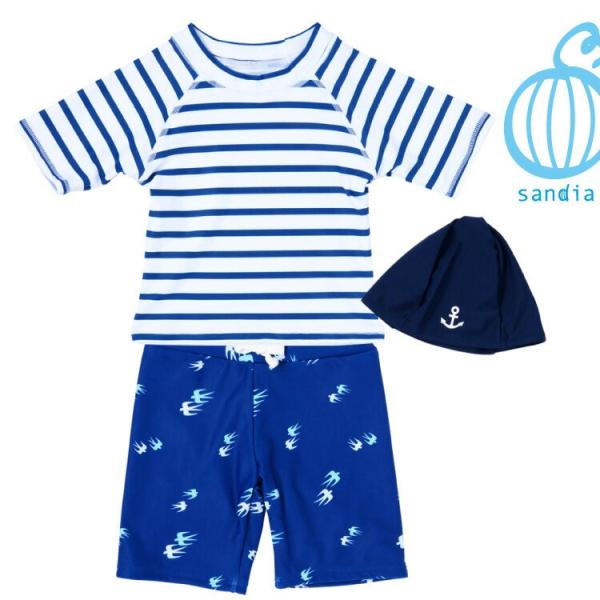 【Sandia サンディア ボーダーつばめ 子供水着】水着 セパレート ラッシュガード セット 男の...
