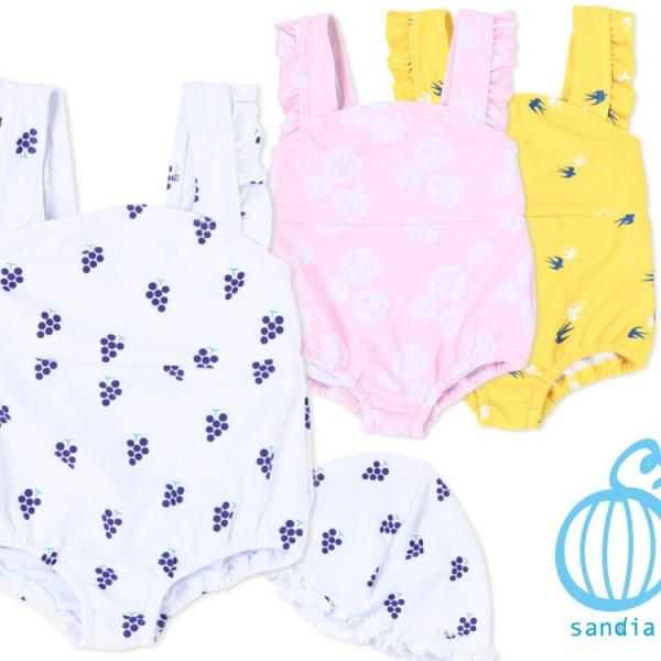 【Sandia サンディア プリントグレコ】ベビー水着 ロンパース キャップセット 女の子 キッズ ...