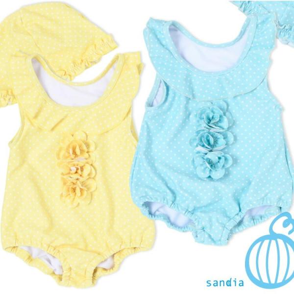 【Sandia サンディア コサージュドットグレコ】ベビー水着 ロンパース キャップセット 女の子 ...