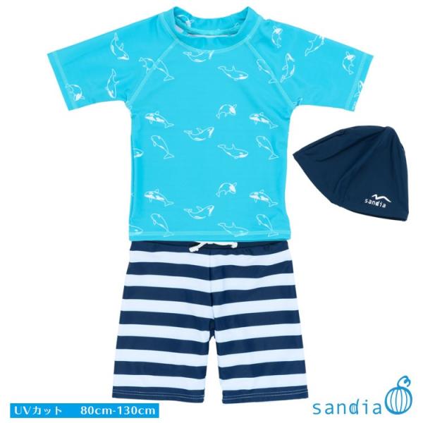 Sandia サンディア 子供水着 ラッシュガードセット 男の子 シャチボーダー キャップ付き【ベビ...