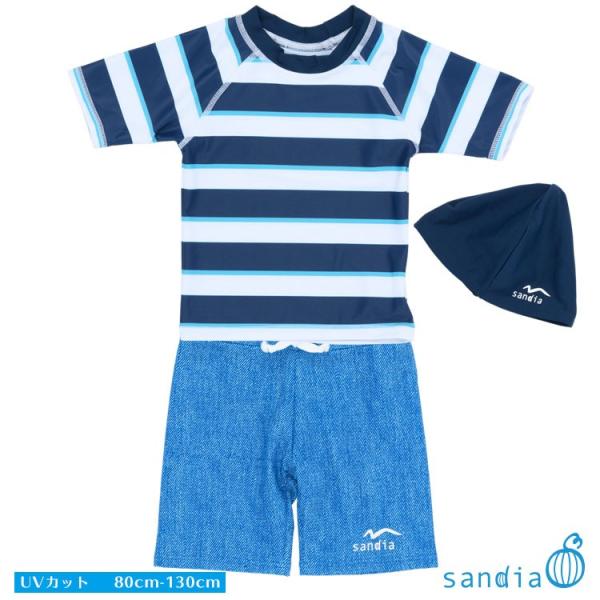 Sandia サンディア 子供水着 ラッシュガードセット 男の子 ツートンボーダー キャップ付き【ベ...