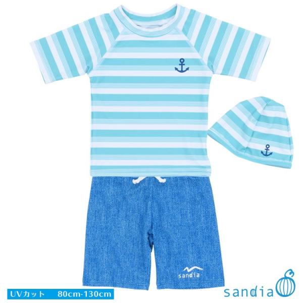 Sandia サンディア 子供水着 ラッシュガードセット 男の子 グラデボーダー キャップ付き【ベビ...