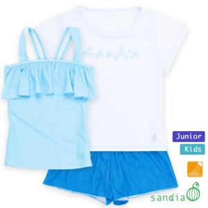 ジュニア水着 女の子 キッズ 水着 sandia サンディア 水着3点セット ミニドット UVカット 140cm 150cm 160cm 170cm めくれ防止｜cdmcloset