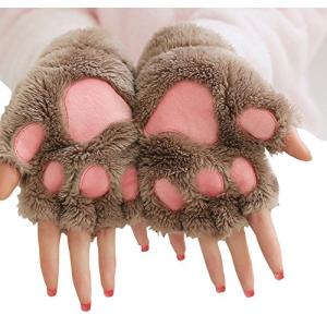 Yokeeyo レディース手袋 超可愛い女性用ハーフ手袋 カップルに最高 猫熊つめ ガールズ半指グローブ あったか 肉球 ぬいぐるみ風 猫