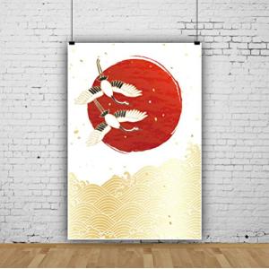 Qinunipoto 和風 背景布 1x1.5m 背景布 写真の背景 家の装飾 オフィスの装飾 事業活動 背景 背景幕 黄色の波 赤い太陽 空飛ぶ白い