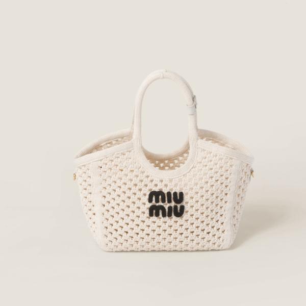 ミュウミュウ MIU MIU 2024春夏 IVY コットン メッシュ バッグ【オフホワイト/ブラッ...