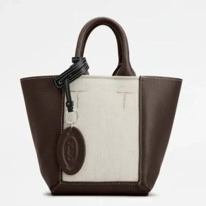 トッズ TOD'S 2024春夏 レディース ダブル アップ レザー＆キャンバス ショッピング バッグ ミニ【ブラウン/クリーム 】【送料無料】【正規品】｜celebrity