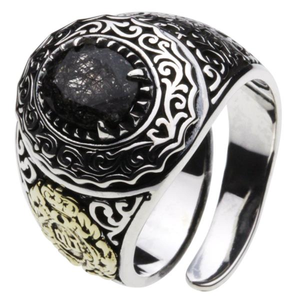 リング 指輪 シルバー アクセサリー ストーンローレル ブラックルチルクォーツ 唐草 月桂樹 勝負運...