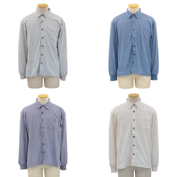 シニア 紳士 マジックテープ ワンタッチ 長袖 全開 ニット シャツ シニアファッション 70代 8...