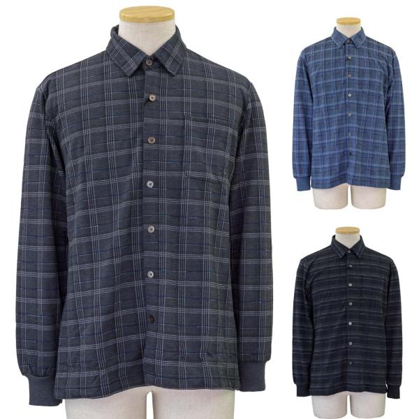 シニア向け 紳士 鹿の子 裏起毛 前開き スナップボタン ワンタッチ ニット シャツ シニアファッシ...