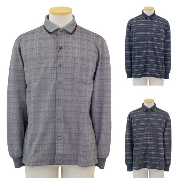 マジックテープ  ワンタッチ 前開き 全開 ジャガード ポロシャツ シニアファッション 秋冬 70代...