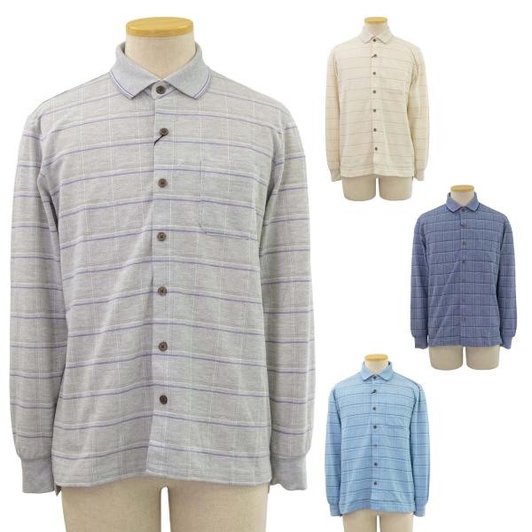 ジャガード マジックテープ ワンタッチ 長袖 前開き 全開 ポロシャツ シニアファッション 春夏 7...