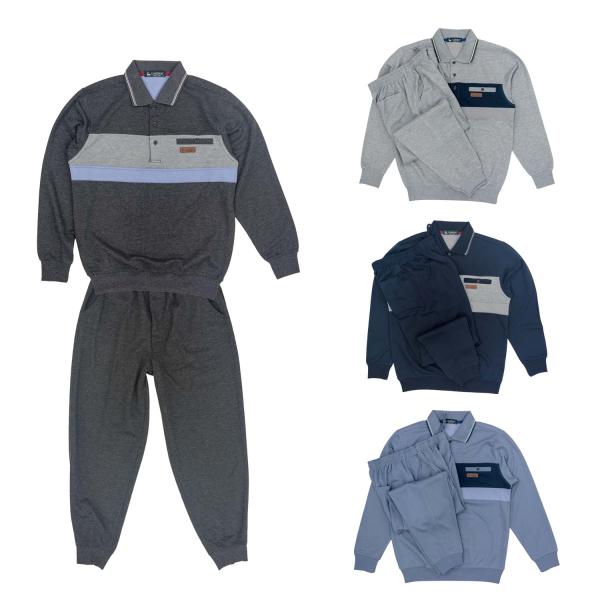 通年 快適 切替デザイン スウェットスーツ ポロ ブルゾン ダンボール パンツ 上下セット 衿付き ...