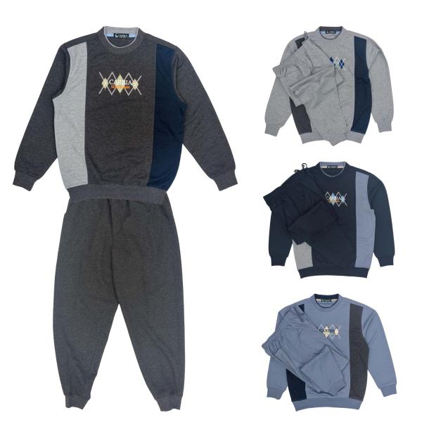 シニア 通年■快適 切替デザイン スウェットスーツ クルー ブルゾン ダンボール パンツ 上下セット...