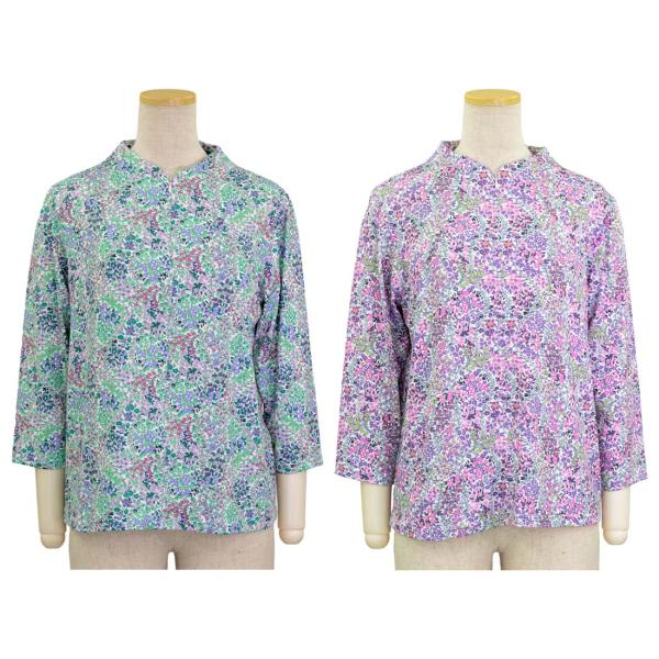 シニアファッション 春夏 7分袖 薄地 プリント ロングファスナー ストレッチ カットソー Tシャツ...