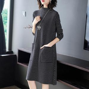 ワンピース レディース 40代 50代 ニットワンピース オシャレ ドット ニット ワンピース ハイネック 秋 膝下 結婚式 通勤 ワンピ