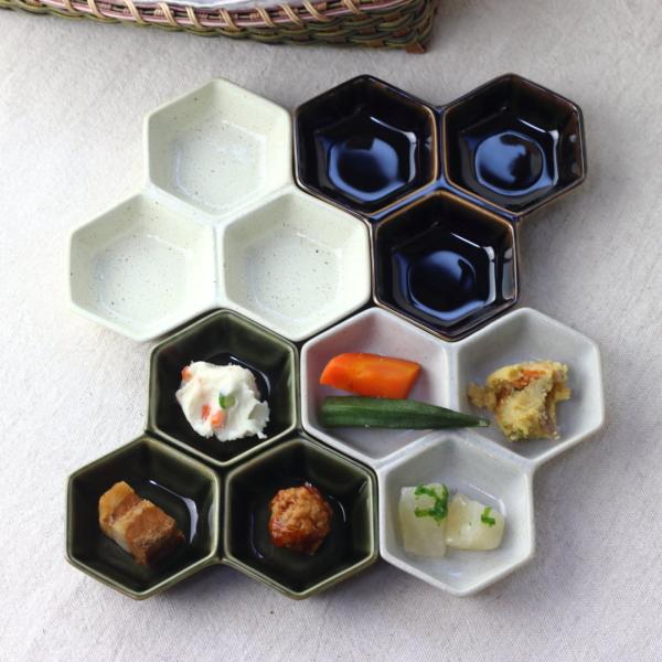 瀬戸焼 六角三品皿 日本製 美濃焼 仕切り皿 連結皿 小皿 醤油皿 漬物皿 丸皿 タレ皿 定食皿 小...