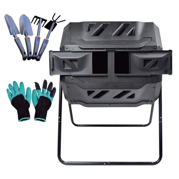 堆肥コンポスター 回転式 生ごみコンポストバケット 大型160L 360度回転式2層式  爪付き作業...