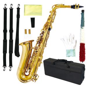 アルトサックス 初心者  セット 11点セット E Saxophone ゴールドラッカー ケース付き 彫刻入り 初心者入門セット 日本語説明書付 1年保証｜ceula