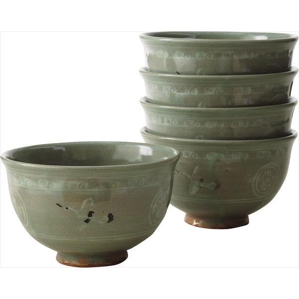 青磁雲鶴　数茶碗　5客　中村与平作（化粧箱）