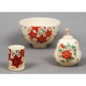 茶箱 陶器三点セット（抹茶茶碗/振出/巾筒） 乾山 雲錦 香泉作（化粧箱