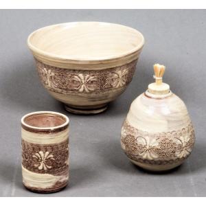 茶道具 水指 水差し 紫三島 瓢形又は末広 森里陶楽作 共蓋 : 茶道具