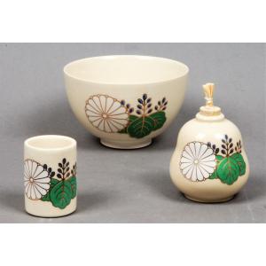 茶箱 陶器三点セット（抹茶茶碗/振出/巾筒） 乾山 雲錦 香泉作（化粧箱